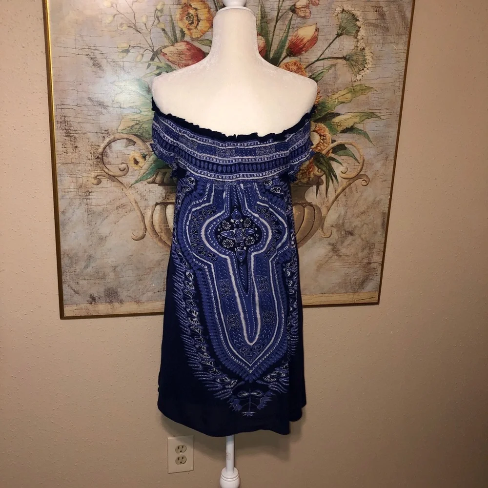 Sz M Band of Gypsies Coverup Smock Dress Off the Shoulder Blue Multiprint 861490